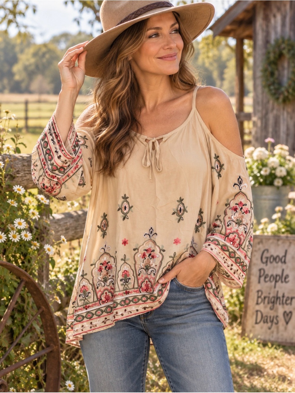 NWT Wrangler Cream Cold-Shoulder Embroidered Peasant Tunic